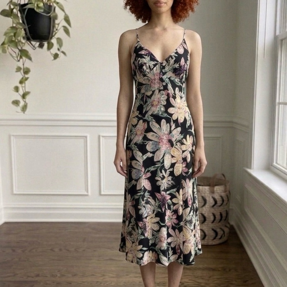 Urban Outfitters Black Floral Slip Midi Dress with Pastel Blooms